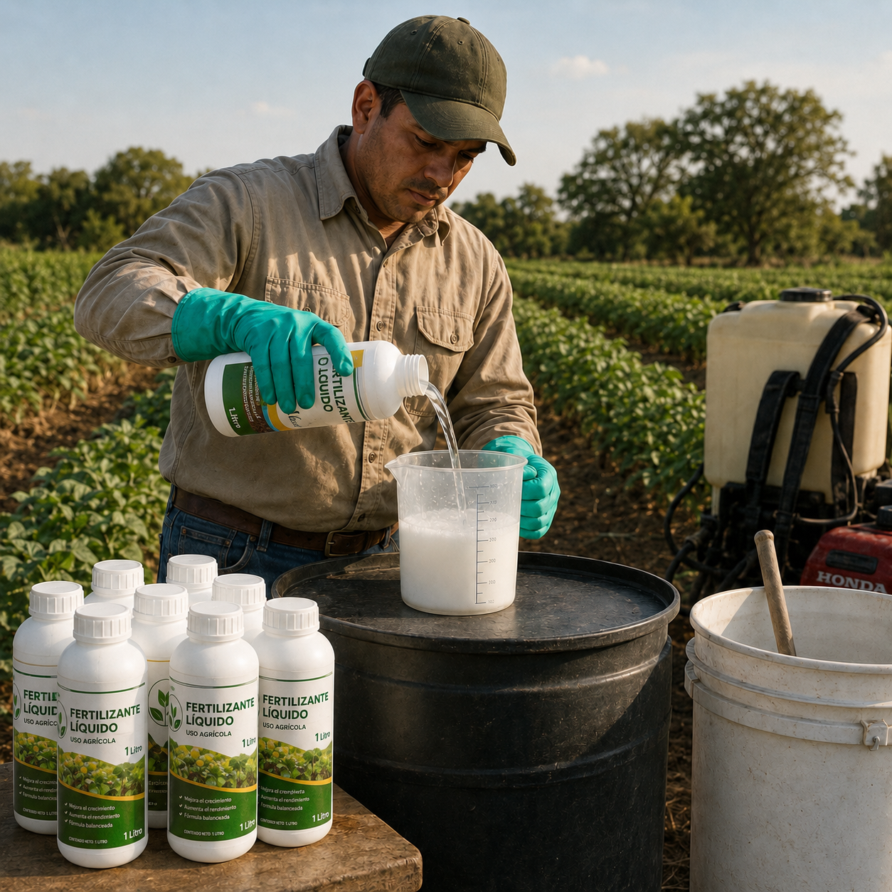 Agricultor usando envase Misil 1L